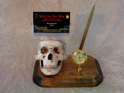 Skull Pen Business Card Holder with Clock - Click Image to Close
